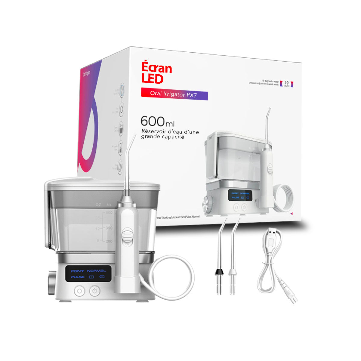 Hydropulseur jet dentaire Oral Irrigator PX7 Blanc - 2 buses + câble d'alimentation - oralirrigator.fr