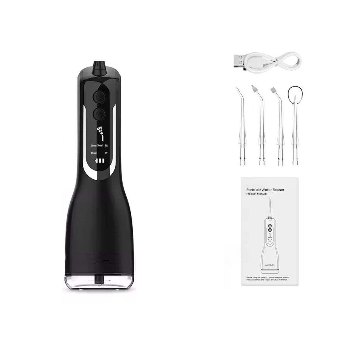Hydropulseur dentaire sans fil - Oral Irrigator L12 Noir - 4 buses - une notice - un câble USB - oralirrigator.fr