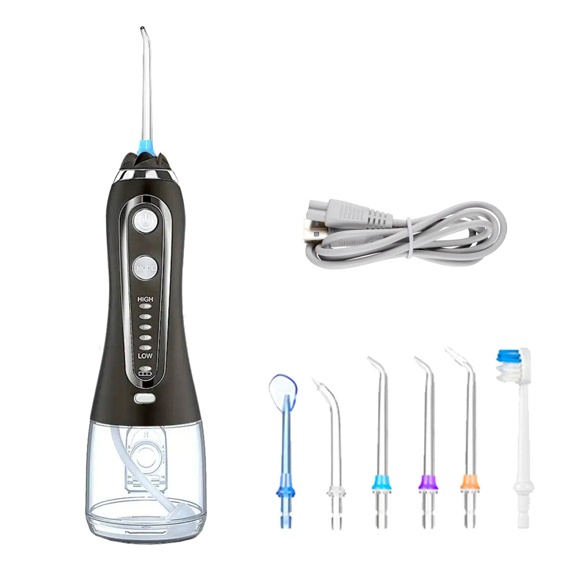 Hydropulseur interdentaire - Oral Irrigator OI101 Noir - 6 buses + un câble de recharge USB - oralirrigator.fr