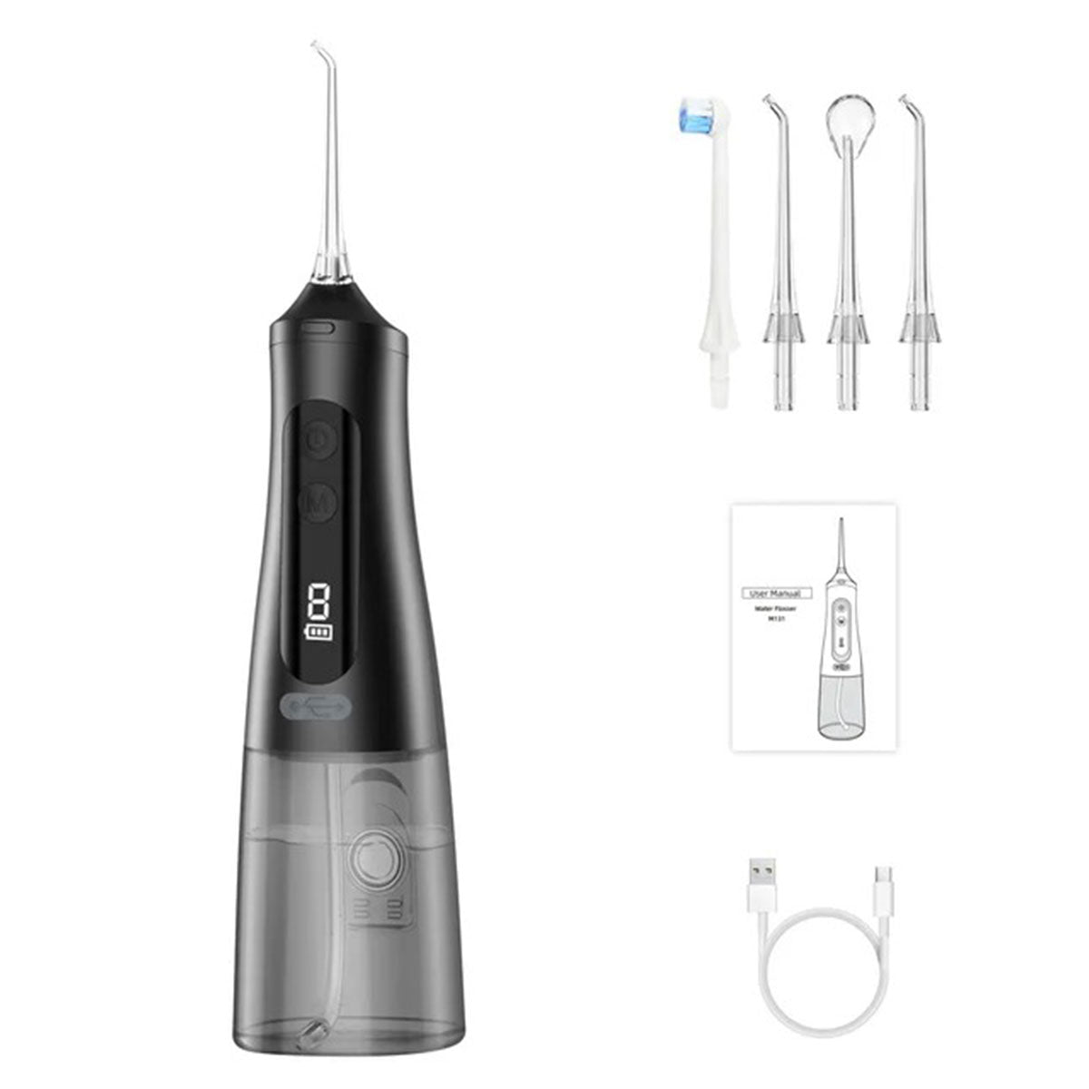 Hydropulseur jet dentaire portable - Oral Irrigator M131 Noir - 5 buses - une notice - un câble USB-C - oralirrigator.fr