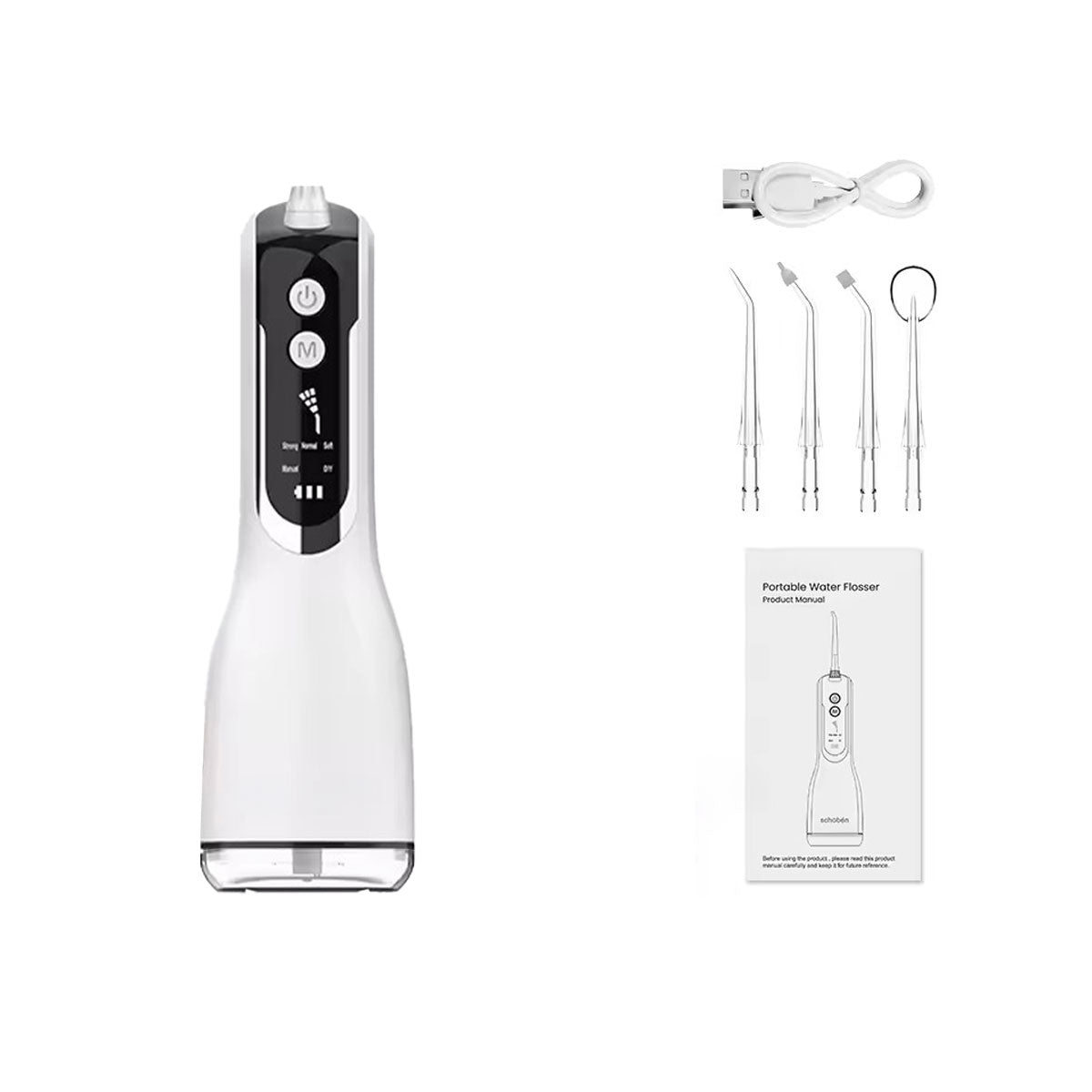 Hydropulseur jet dentaire sans fil - Oral Irrigator L12 Blanc - 4 buses - câble usb - notice - oralirrigator.fr