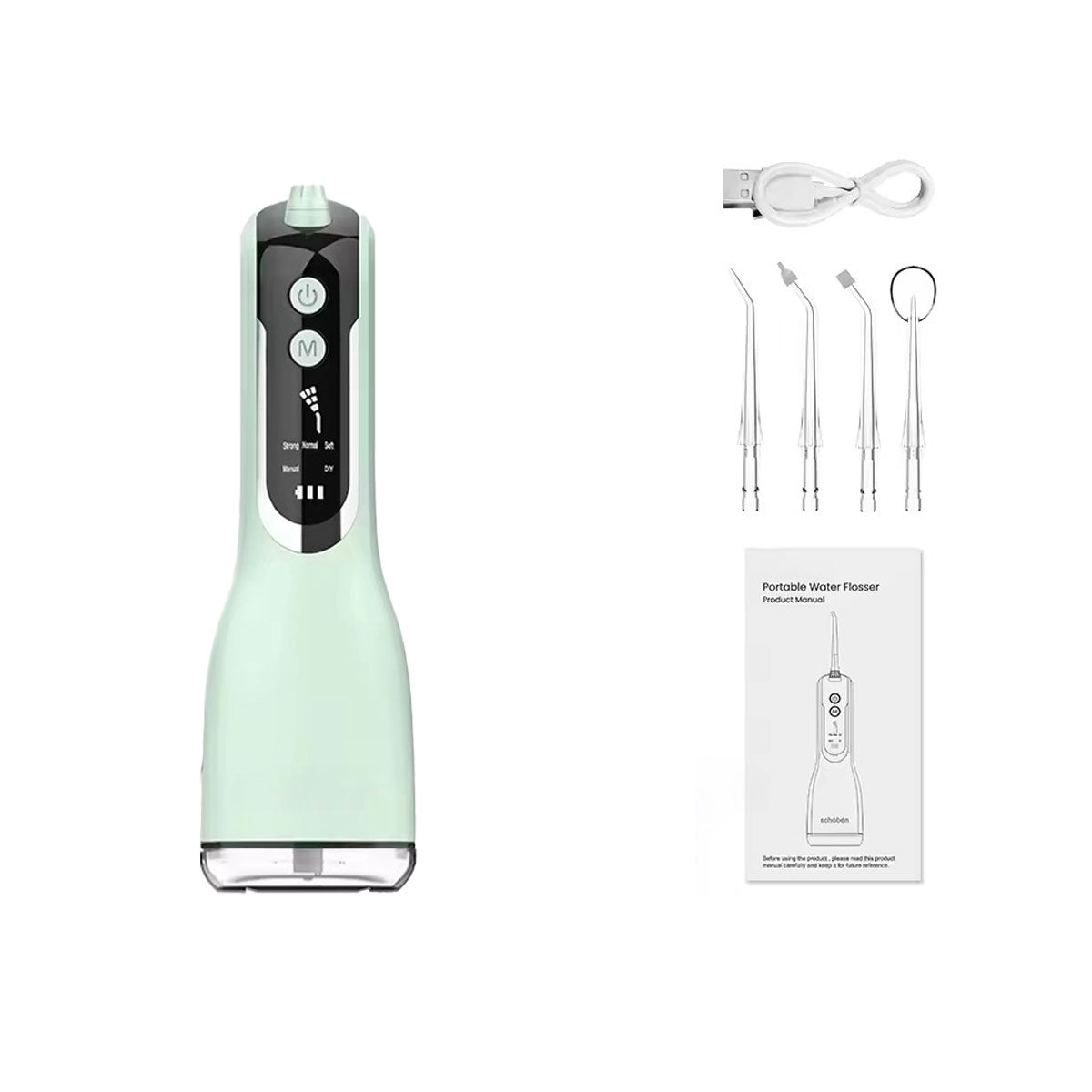 Hydropulseur sans fil - Oral Irrigator L12 Vert - 4 buses - une notice - un câble usb - oralirrigator.fr