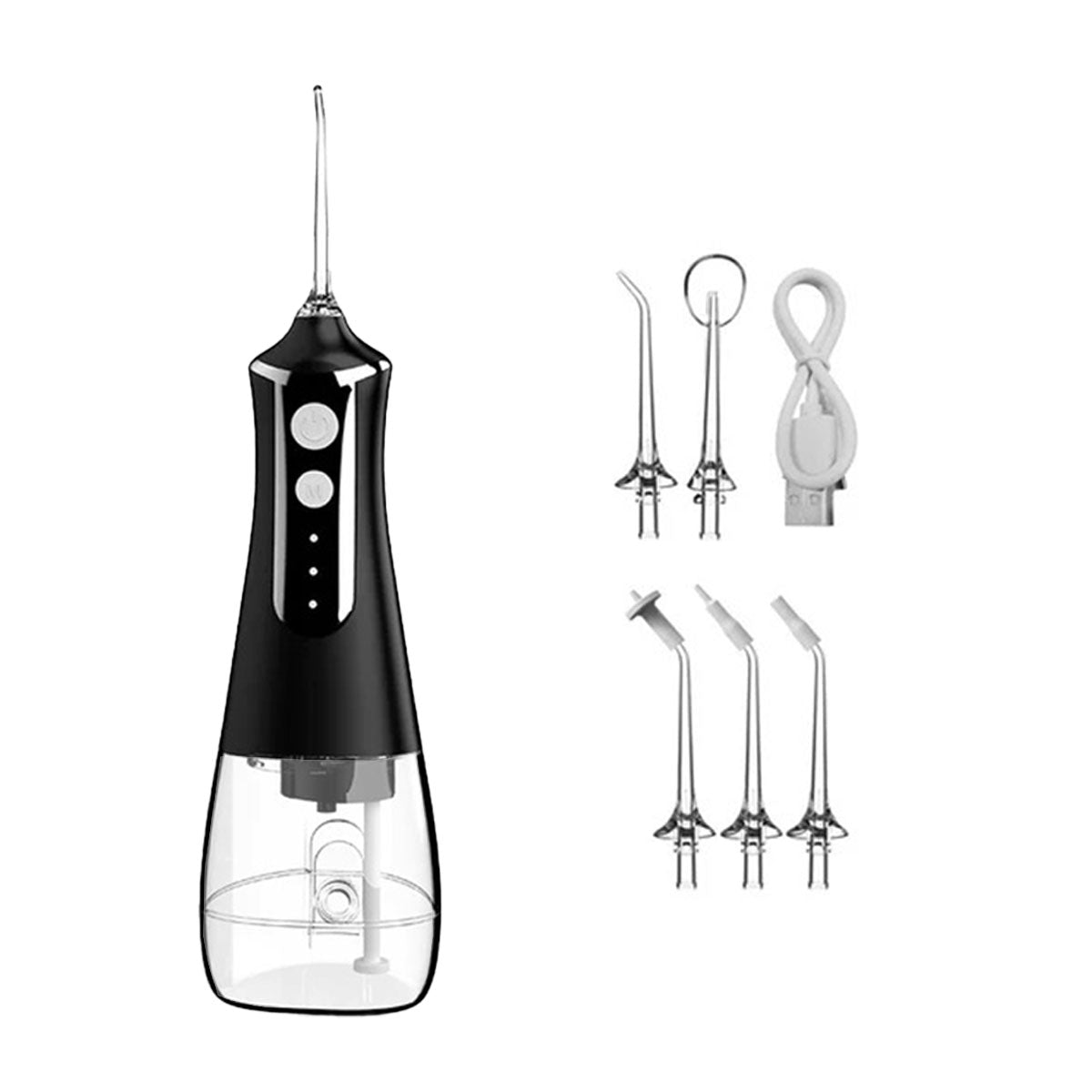 Jet dentaire portable rechargeable - Oral Irrigator L10 Noir 5 buses - un câble de charge USB - oralirrigator.fr