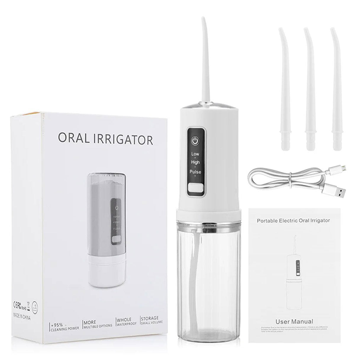 Jet dentaire de voyage rechargeable - Oral Irrigator F35 Blanc - 3 buses - un câble usb - une notice - oralirrigator.fr